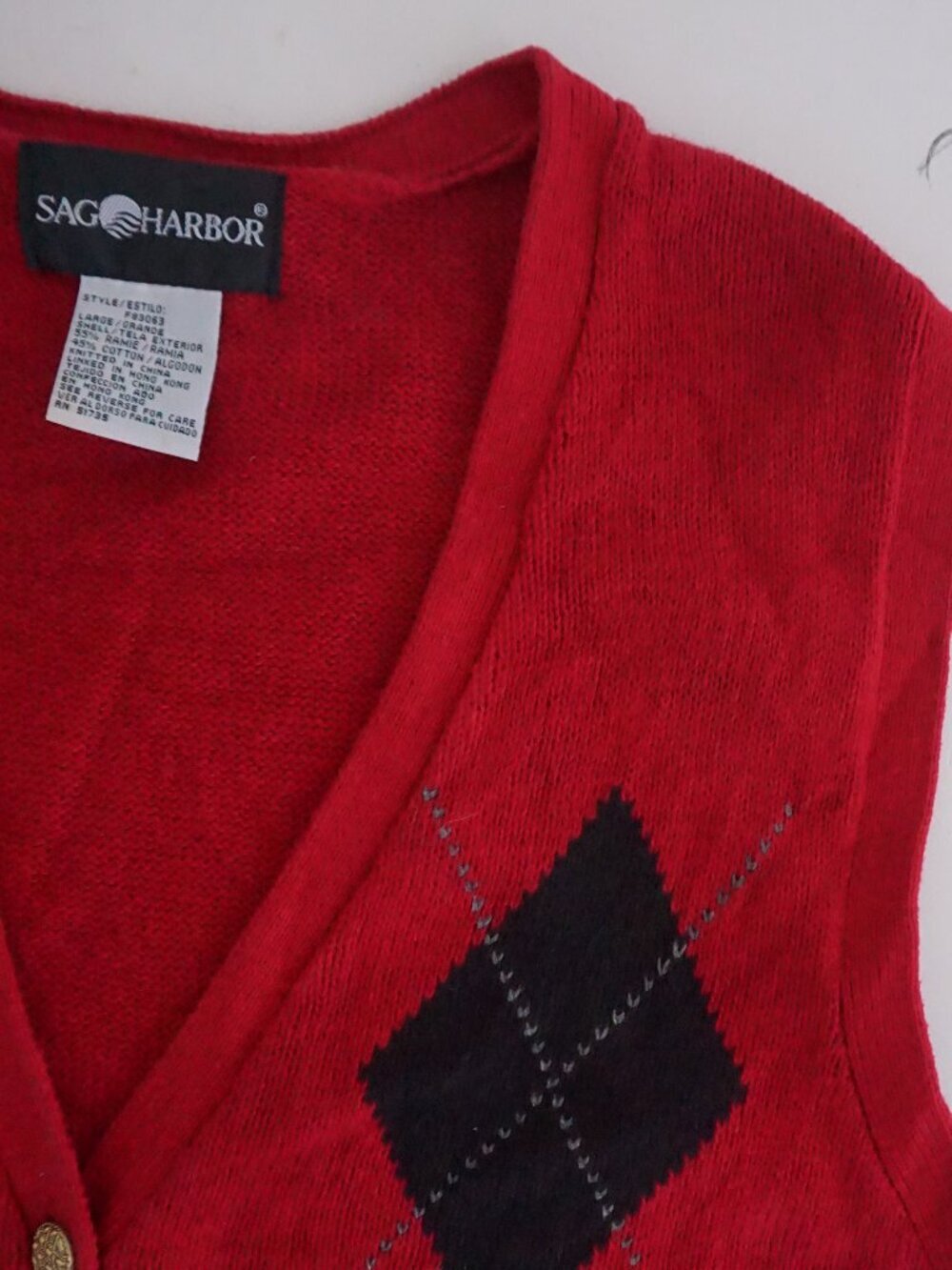 Vintage Sag Harbor Red Argyle Diamond Button V Neck Ribbed Knit Sweater Vest L - Picture 6 of 9